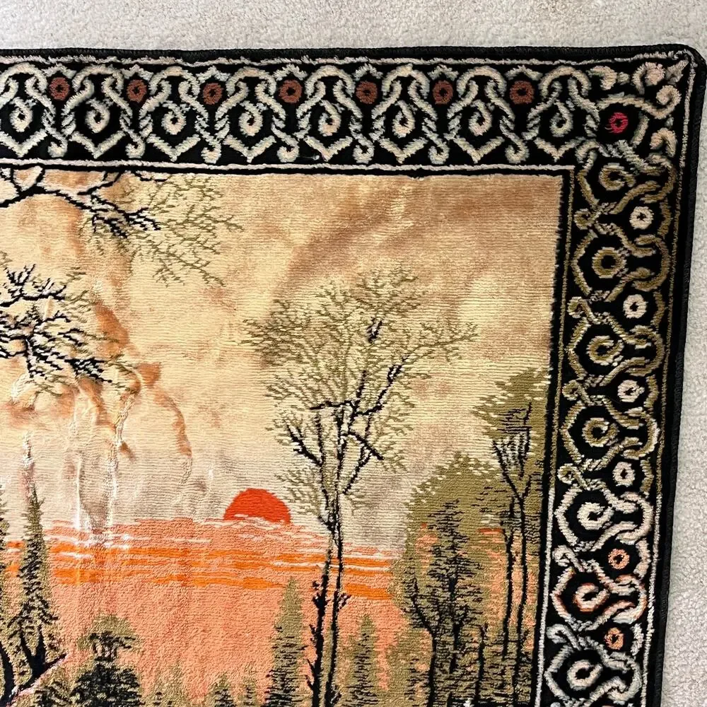Large Vintage Italian Tapestry Woodland Deer Sunset Landscape Cabin Lodge Nature